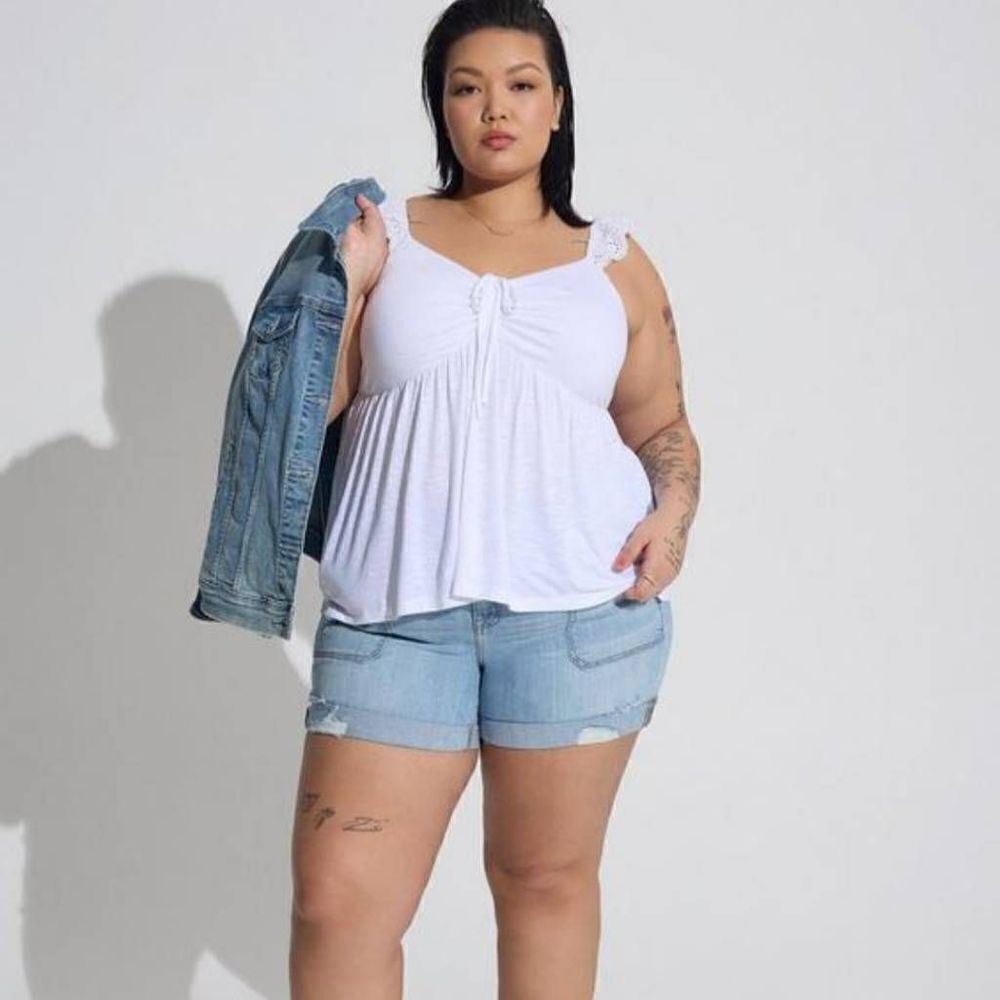 Torrid Women's Plus Size 1X 14-16 Sweetheart Ruffle Eyelet Tie Detail Tank Top